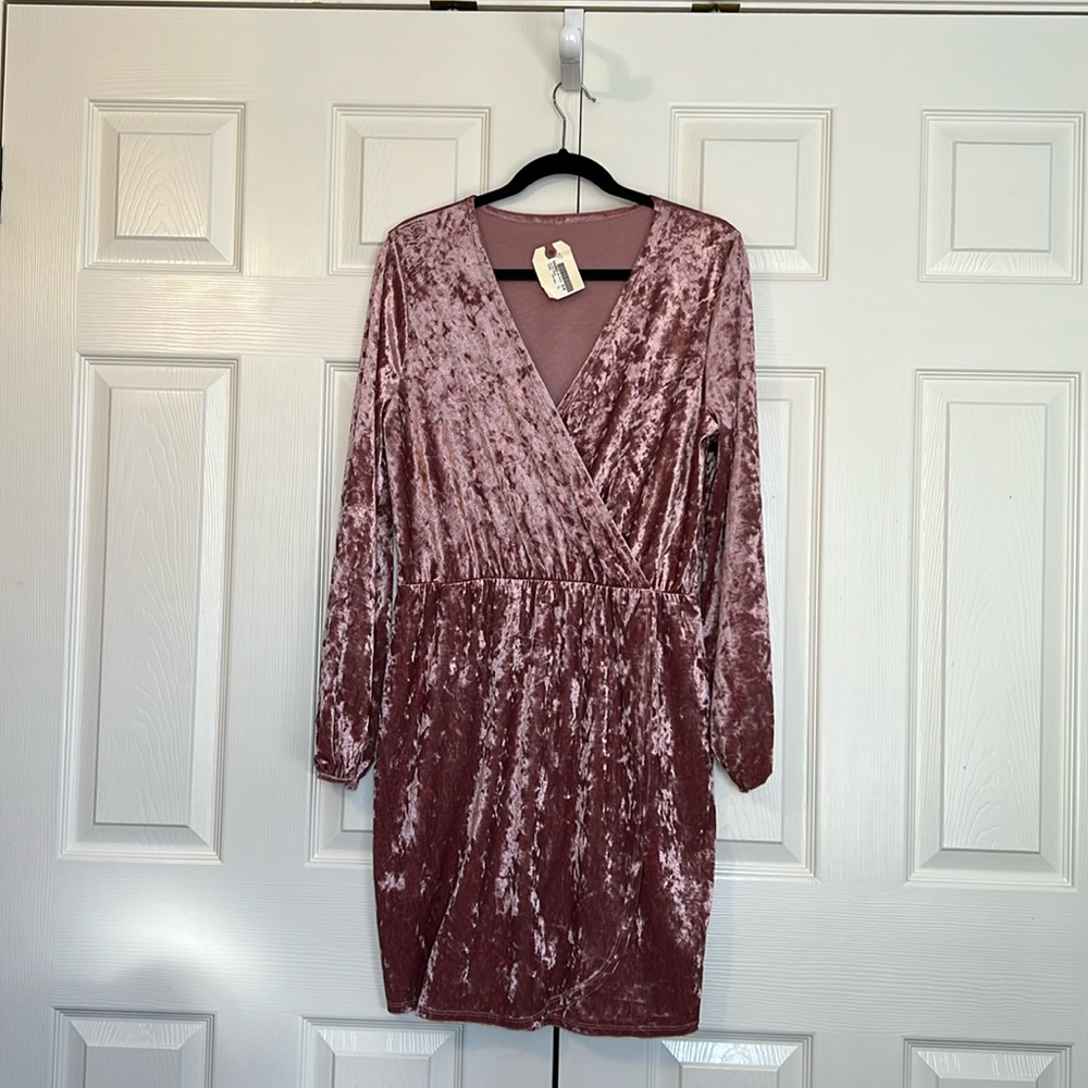 Crushed Velvet Long Sleeve Faux Wrap Dress